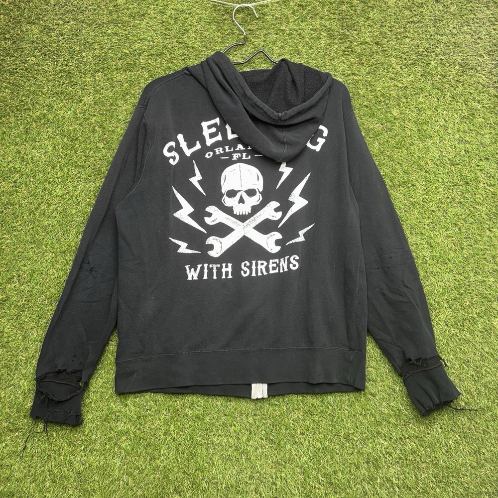Sleeping With Sirens Hoodie Mens Medium Black Band Zip Up Grunge Distressed y2k